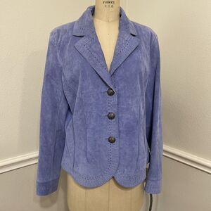Coldwater Creek Womens Leather Jacket Size 12 Blue Suede Perforated Trim Lined